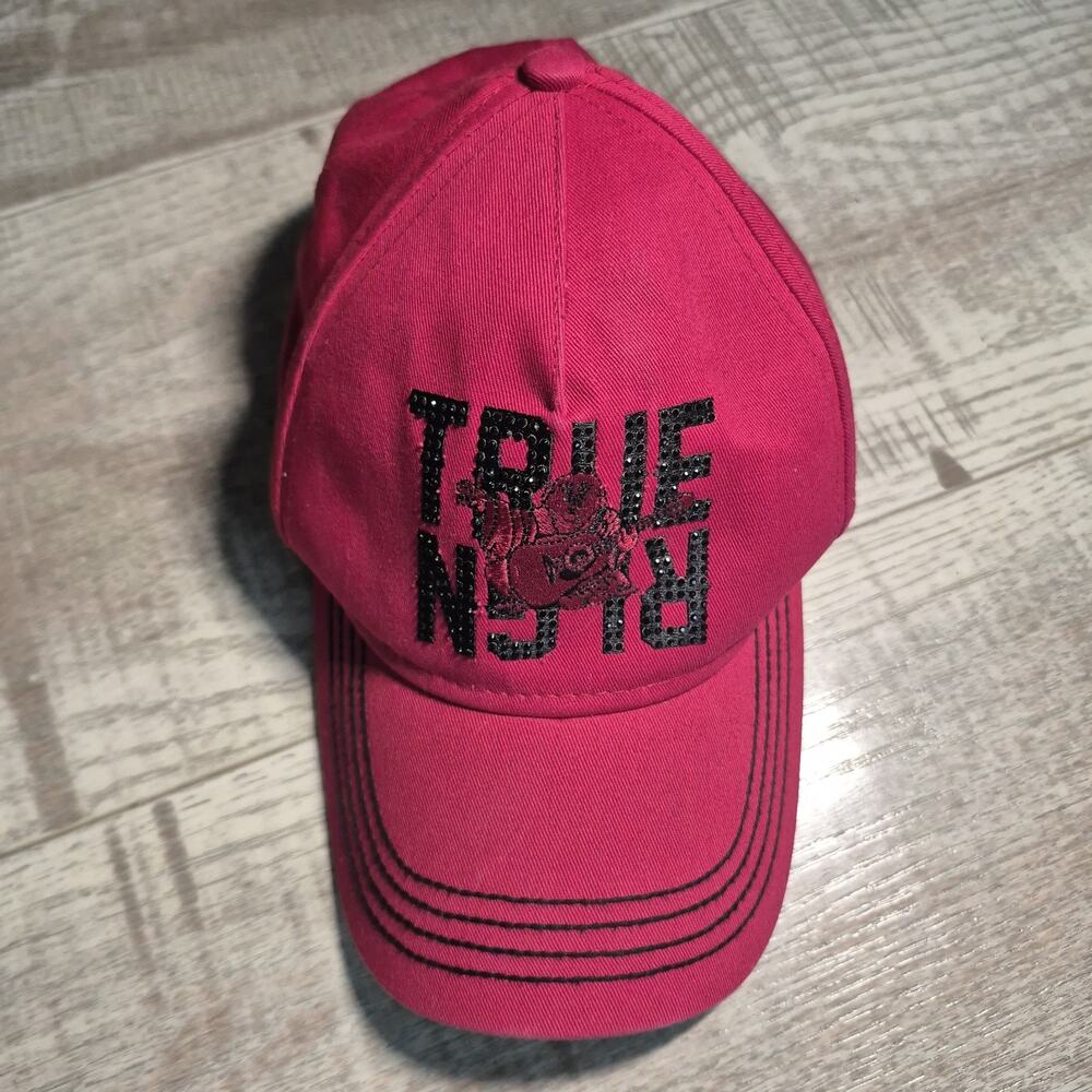 True Religion Buddha Red Strapback Hat Black Stitching Embroidered Cap One Size